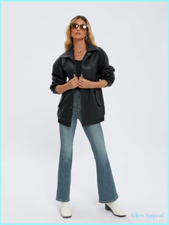 Oversized Faux Leather Motorcycle Jacket with Zipper Closure Long Sleeve - Picture 3 of 5